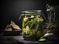 Close up preserved vegetables in jars on kitchen counter