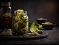 Close up preserved vegetables in jars on kitchen counter