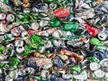 Close-up of pressed aluminum beer cans ready for recycling