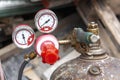 Close up of pressure gauges on oxygen tank with valve of welding equipment acetylene gas cylinder for steel Industrial and metal Royalty Free Stock Photo