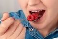 Close-up of a pretty Caucasian woman's mouth in which she puts raspberries. Royalty Free Stock Photo