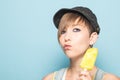 Close-up of a pretty girl eating ice cream Royalty Free Stock Photo