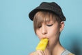 Close-up of a pretty girl eating ice cream Royalty Free Stock Photo