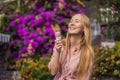 Close up of pretty tourist girl eating traditional gelato italian ice cream in a European town Royalty Free Stock Photo