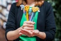 close up pretty various pen and colorful in girl's hand, it can be grift for special event or present interesting stationary for Royalty Free Stock Photo