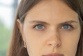 Close-up of pretty western woman face skin. Female eye. Texture of the dark brown eye is visible. Macro detail. Caucasian