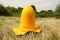 Close-up of the pretty yellow farmer hat with high crown and wide brim is laying on a lawn. Fields, forest and cloudy sky in the