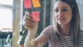 Close-up of pretty young woman with blond hair sticking colored memos on glass board in modern office. She is looking at