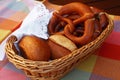 Close up pretzel bread and buns in basket Royalty Free Stock Photo