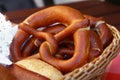 Close up pretzel bread and buns in basket Royalty Free Stock Photo