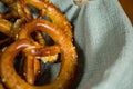 Close-up of pretzel breads in wicker basket at counter Royalty Free Stock Photo
