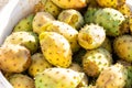 Close up of prickly pear cactus fruit on the plastic box. Ripe fruit.