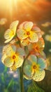 Close-up primrose flowers with drops of water background. Floral wallpaper.