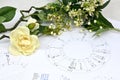 Close up of printed astrology birth chart, table of aspects and white flowers, workplace of astrology, spiritual, The callings, Royalty Free Stock Photo