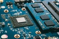 Close-up printed circuit board with electronics components. Macro photography for electric background. PCB with microchip, process