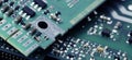 Close-up of a printed circuit board or PCB featuring wiring and microchip components. Advanced technology, precision engineering,