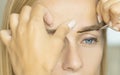 Close up procedure beauty salon make eyebrows paint with a brush with eyebrow dye