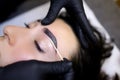 Close-up of the procedure of coloring the eyebrows with paint is performed after the procedure of lamination of the eyebrows Royalty Free Stock Photo