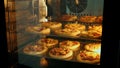 close-up, the process of baking mini pizza from yeast dough in a large industrial oven. Baking bread in an industrial