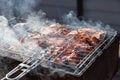 A close-up of the process of grilling pork or beef skewers with a crispy, burnt crust on gray charcoal over an open fire in the