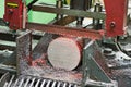 Close-up process of metal machining by saw