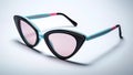 A close up product shot of a retro blue and black cat eye sunglasses with pink lenses against a white background Royalty Free Stock Photo