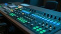 Close-up of a professional audio mixing console with illuminated buttons and knobs Royalty Free Stock Photo