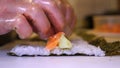 Close-up of professional chef`s hands in transparent gloves making sushi and rolls in a restaurant kitchen. Japanese traditional f Royalty Free Stock Photo