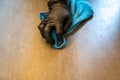 Close up of professional cleaner cleaning grout with a blue cloth rag and foamy soap on a gray tiled bathroom floor Royalty Free Stock Photo