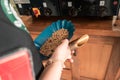 Close up of a professional coffee cupper& x27;s hand holding a tray for roasting