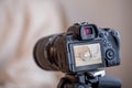 Close up of the screen of a professional digital camera on a tripod while shooting a home composition Royalty Free Stock Photo