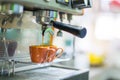 Close up professional espresso machine make coffee pouring into cup. Royalty Free Stock Photo