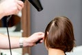 Hairstylist dries hair of woman Royalty Free Stock Photo