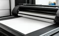 Close up of a professional large format printer with white paper roll, showcasing printing technology and design industry Royalty Free Stock Photo