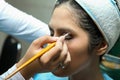 Close up of professional make up artist hand applying cosmetic to young Asian female model face with brush Royalty Free Stock Photo