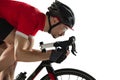 Close-up professional male cyclist on road bike  on white background. Royalty Free Stock Photo