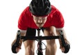 Close-up professional male cyclist on road bike isolated on white background. Royalty Free Stock Photo