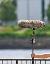 Close-up of a professional microphone for audio recording with a cover to reduce wind noise, intentionally blurred background,