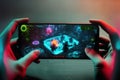 Close-up of a professional smartphone gamer competing in a mobile MOBA game on his smartphone. Generative AI