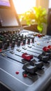 Close-up of a professional sound mixing console with knobs and faders in a recording studio Royalty Free Stock Photo