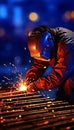 Close up of professional welding on medium sized pipe with blue light background for text placement