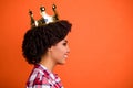Close up profile photo of cute lady gold diadem head best prom queen wear casual checkered plaid shirt isolated orange