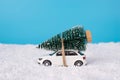 Close up profile photo of little toy car carrying christmas tree on the roof to home Royalty Free Stock Photo
