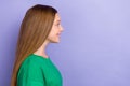 Close up profile side photo of stunning gorgeous lady looking watching empty space on purple color background