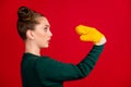 Close-up profile side view portrait of her she nice attractive funny humorous comic girl wearing mitten on hand talking