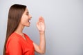 Close-up profile side view portrait of her she nice attractive lovely cheerful cheery straight-haired girl saying news