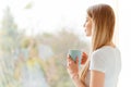 Close-up profile side view portrait of nice cute charming attractive peaceful calm dreamy straight-haired girl wearing Royalty Free Stock Photo