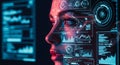 Futuristic Woman\'s Face Integrated with Digital Data Overlays and Graphs artificial intelligence Royalty Free Stock Photo