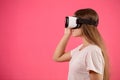 Close up profile young female with virtual reality goggles on the head