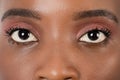 Close up, profle photo of a dark skin female eye, iris, pupil, eye lashes, eye lids.